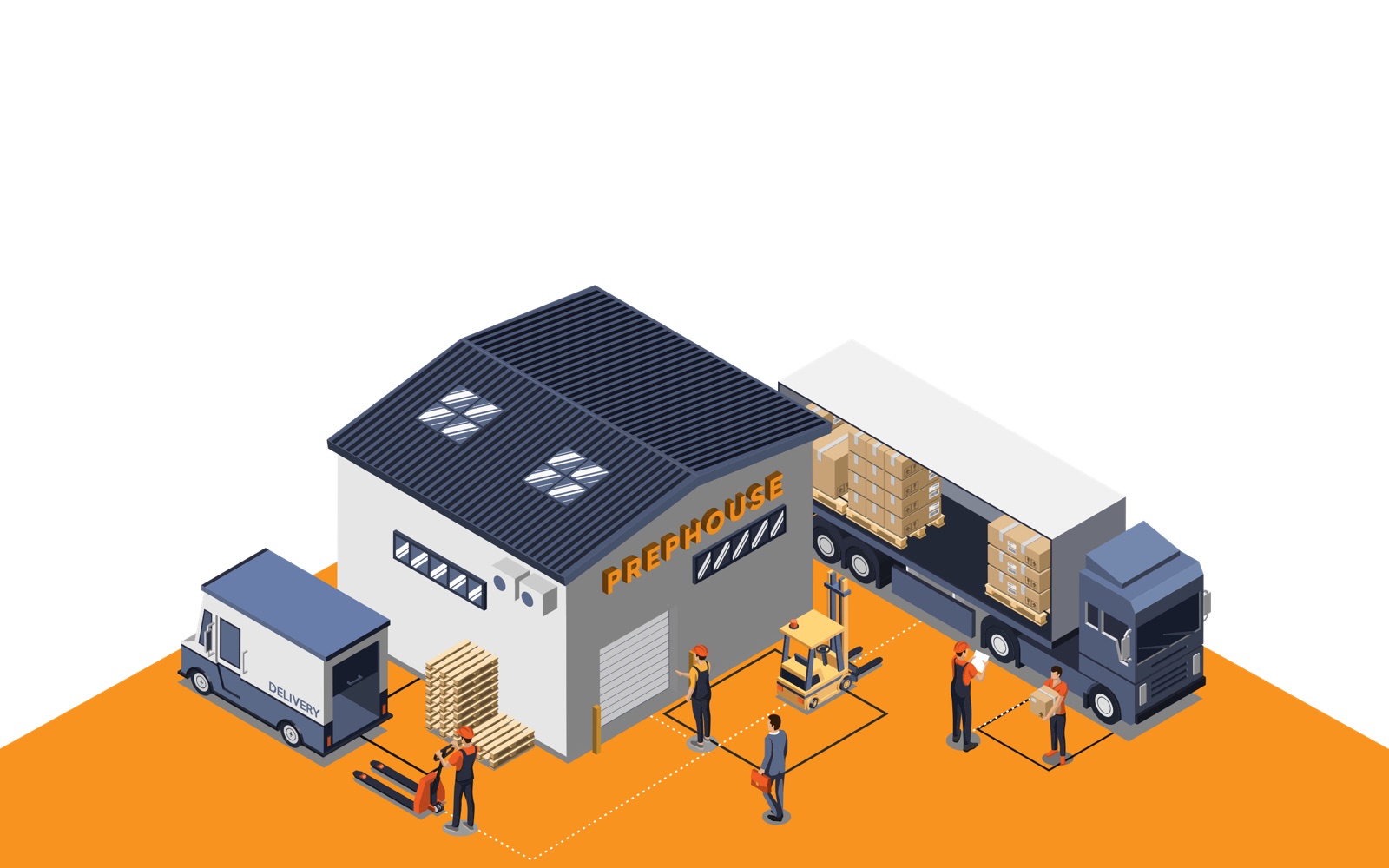 Illustration: das Prephouse-Lager mit Lkw, Transporter und Gabelstapler
